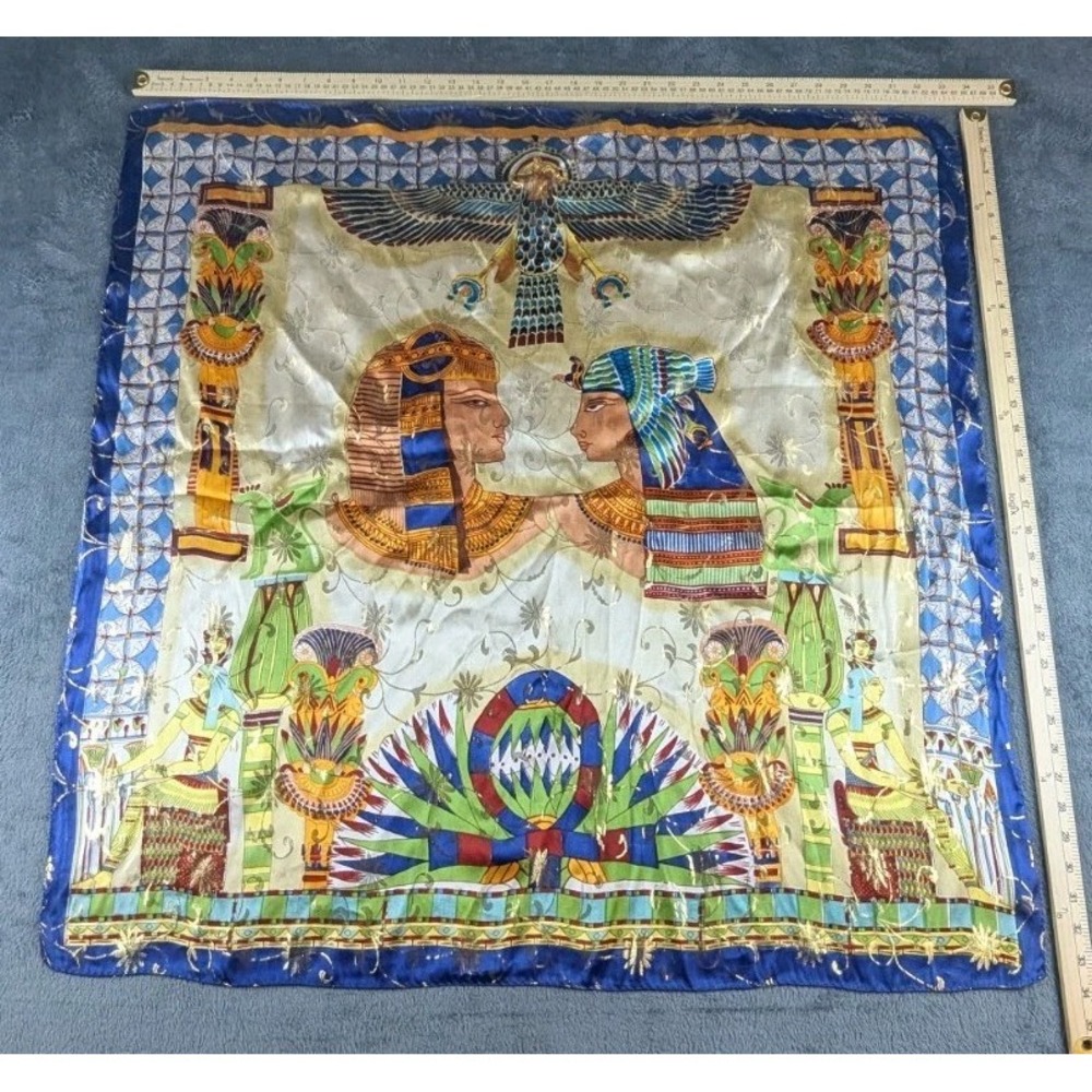 VTG Silk Scarf 20'' Squre Egyptian Prints Goldn Blue Orange-NEW - Picture 4 of 5